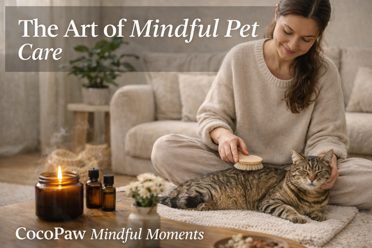 A wide thumbnail showing a calm woman sitting with her dog and cat in a softly lit living room, representing mindful pet care and peaceful moments at home.