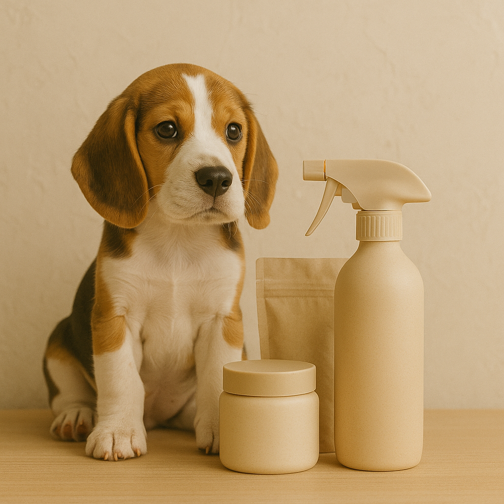 Tricolor Beagle puppy beside beige spray bottle and refill pouch — CocoPaw Antibacterial Spray Refills offering safe, eco-friendly, and natural germ protection for pets and homes.