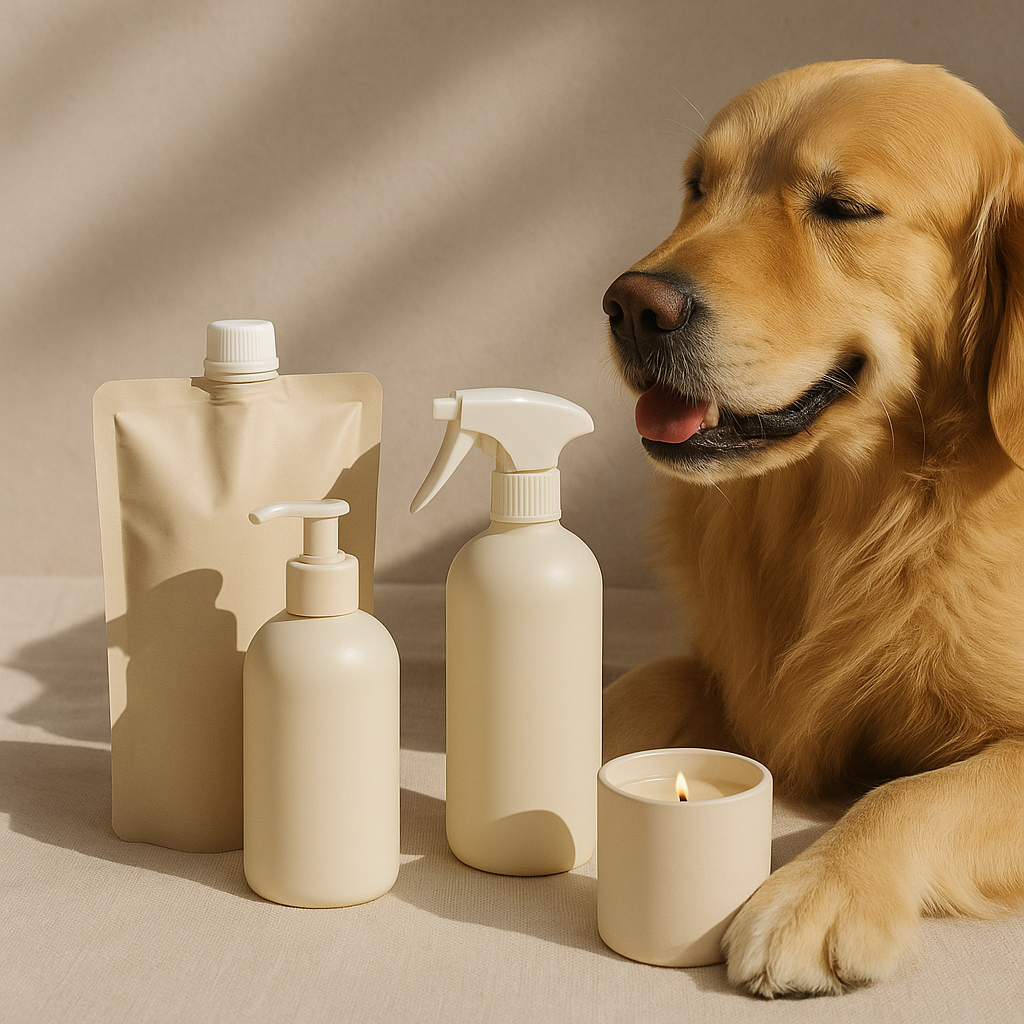 Golden retriever resting beside CocoPaw’s best-selling refills — shampoo, conditioner, spray, and candle — capturing the brand’s warm, natural, and sustainable pet care aesthetic.