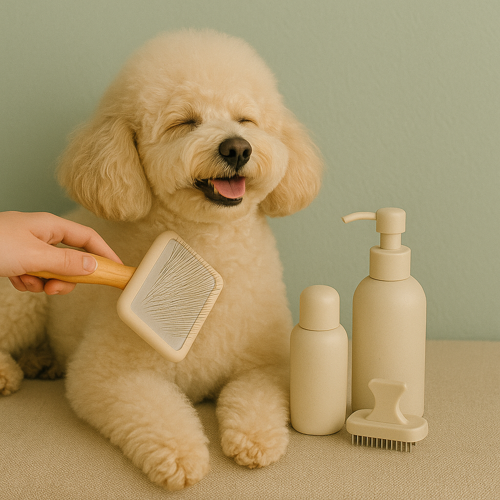 Smiling poodle being brushed beside eco-friendly cleaning bottles and grooming tools — CocoPaw Brush & Comb Cleaners ensuring gentle, efficient, and sustainable grooming care.