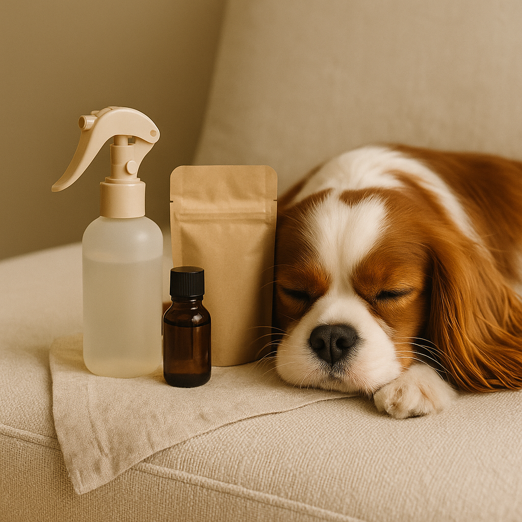 Cavalier King Charles Spaniel sleeping beside spray bottle, amber oil, and refill pouch — CocoPaw Calming Mist Refills offering soothing, pet-safe relaxation for calm homes.