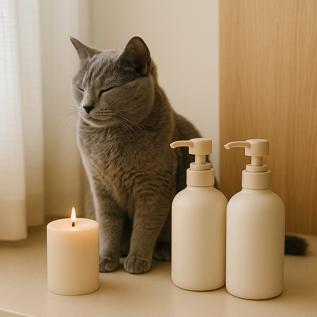 Russian Blue cat beside matte beige ceramic bottles and candle — CocoPaw Ceramic Refill Bottles blending timeless design with sustainable pet care elegance.