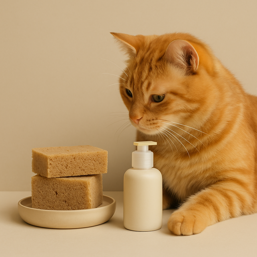 Orange tabby cat beside stacked plant-based sponges and refill bottle — CocoPaw Cleaning Sponge Refills in a clean, square composition for eco-friendly pet care styling.