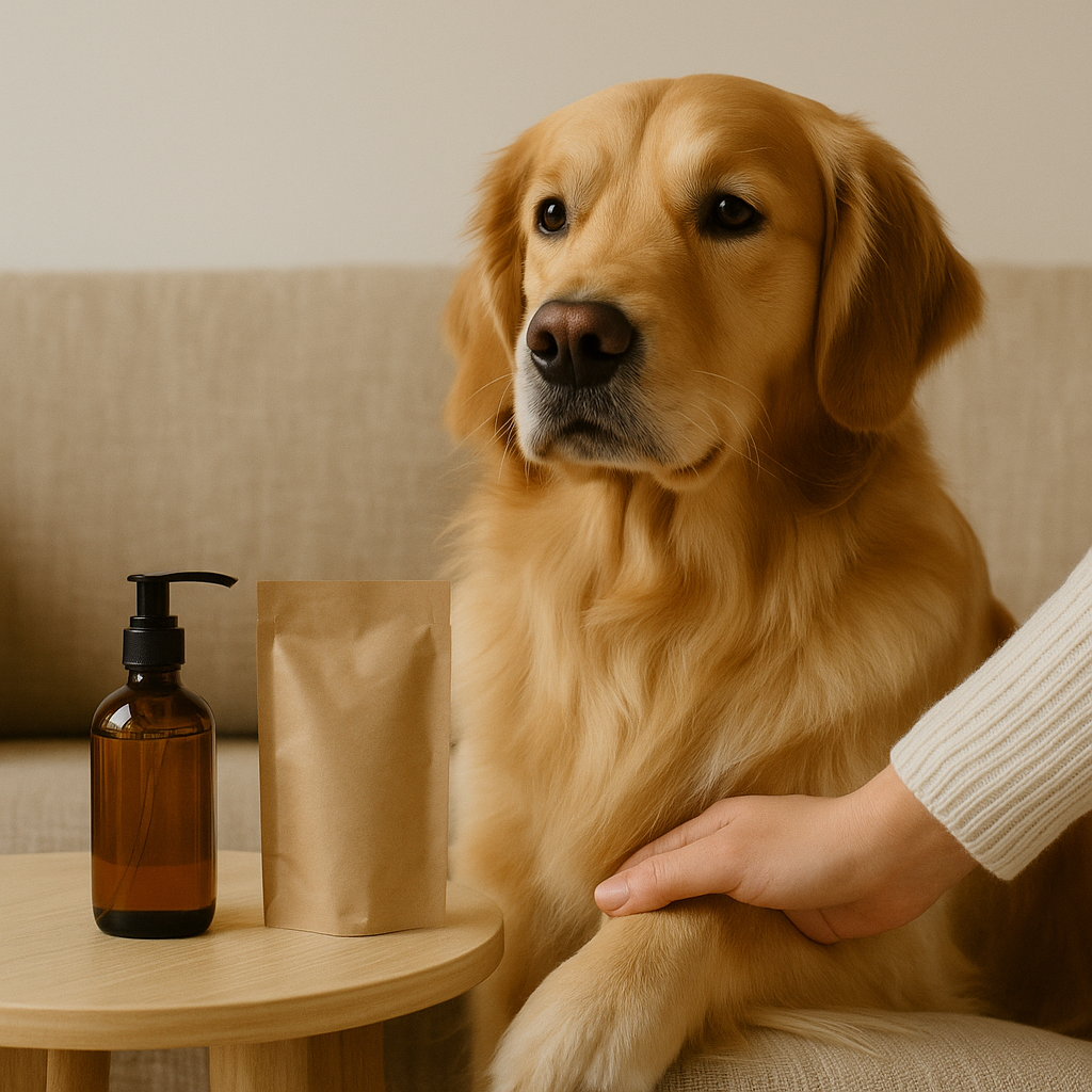 Golden retriever with glossy coat sitting beside grooming serum bottle and refill pouch — CocoPaw Coat Shine & Softening Refills enhancing natural fur radiance safely.