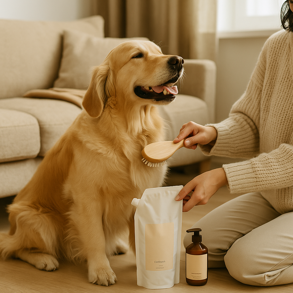 Golden retriever being brushed beside conditioner bottle and refill pouch in a warm living room — CocoPaw Conditioner Refills offering soft, nourishing, and eco-friendly fur care.