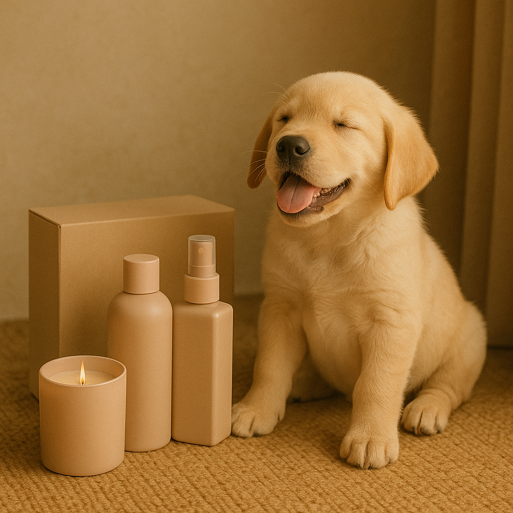 Happy puppy beside candle, spray, and gift box in beige tones — CocoPaw Cozy Home Refill Gifts bringing calm, comfort, and natural freshness to pet homes.