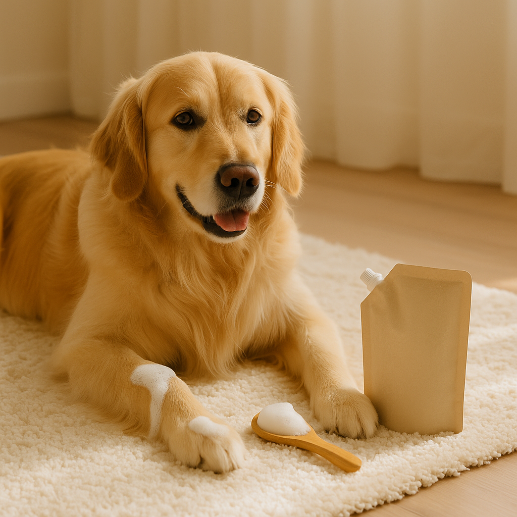 Golden retriever resting on beige rug beside eco refill pouch, with gentle foam on its paw — CocoPaw De-Shedding Foam Refills offering smooth, natural pet care.