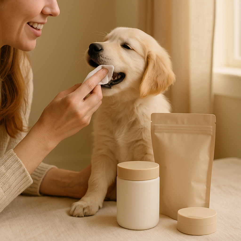 Golden Retriever puppy having its mouth gently cleaned with a dental wipe by owner beside eco refill pouch — CocoPaw Dental Wipe Refills showing natural, caring pet lifestyle.