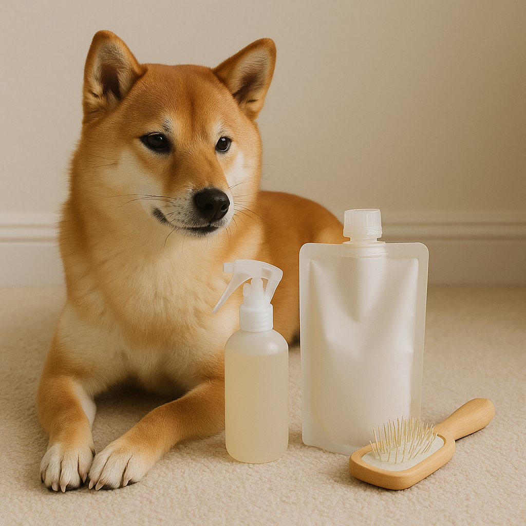 Shiba Inu sitting calmly beside spray bottle, refill pouch, and wooden brush — CocoPaw Detangling Mist Refills making grooming smooth, gentle, and pet-safe.