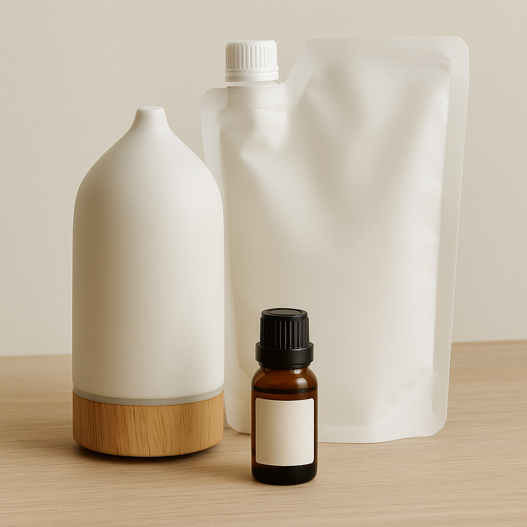 Ceramic diffuser with wooden base beside amber oil bottle and white refill pouch — CocoPaw Diffuser Oil Refills offering pet-safe, therapeutic, and sustainable aromatherapy.