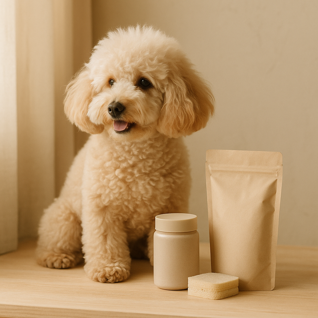 Cream-colored poodle sitting beside dry shampoo jar and refill pouch — CocoPaw Dry Shampoo Refills offering waterless, gentle, and sustainable pet grooming care.