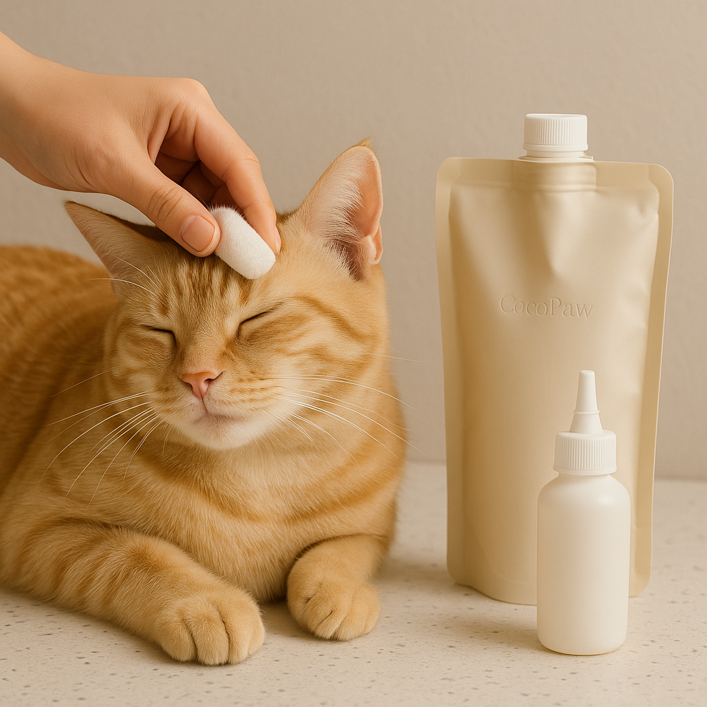 Orange tabby cat having its ear gently cleaned with cotton pad beside beige ear cleaner bottle and refill pouch — CocoPaw Ear Cleaner Refills for calm, safe, and eco-friendly pet care.
