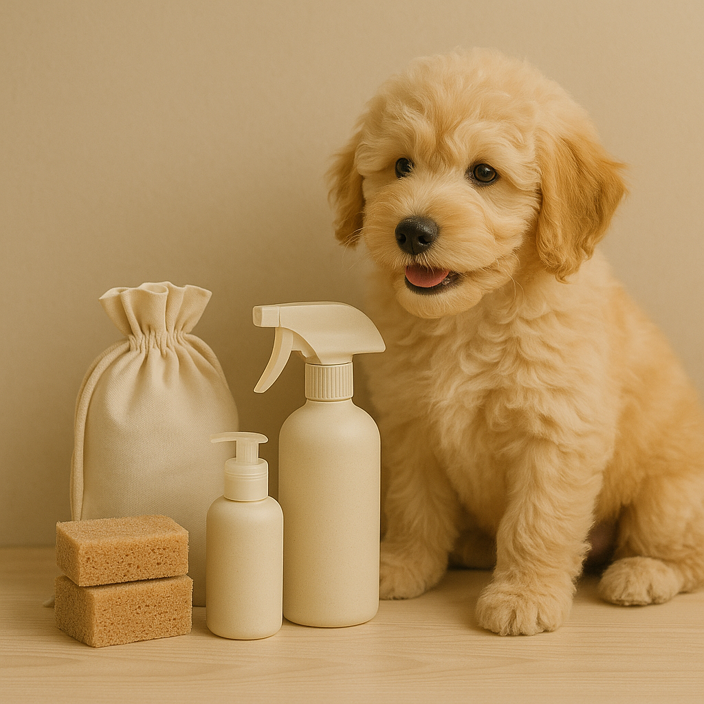 Fluffy Goldendoodle puppy beside eco cleaning bottles, sponges, and cotton pouch — CocoPaw Eco Cleaning Kits promoting stylish, safe, and sustainable home care.