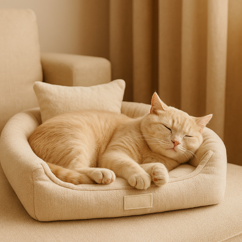 Cozy beige pet bed with a relaxed cat resting — CocoPaw Everyday Comfort Essentials for calm, cozy living.