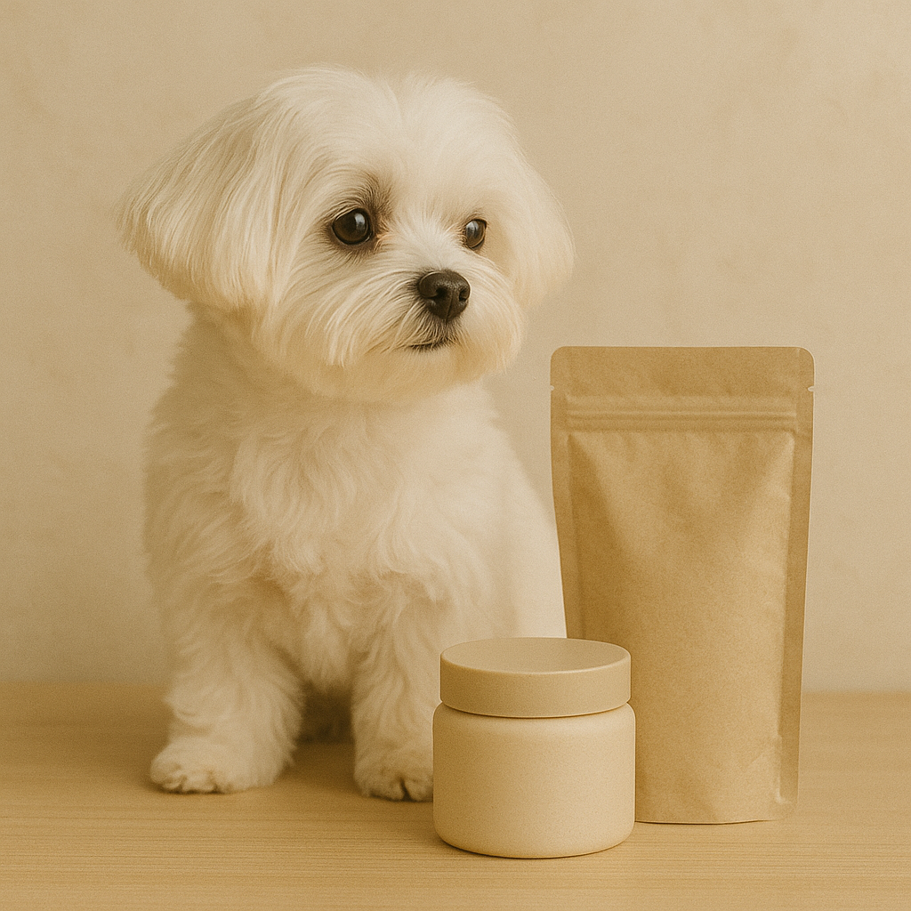 White Maltese dog beside beige tear stain remover jar and refill pouch — CocoPaw Eye Tear Stain Remover Refills for gentle, natural, and safe daily pet eye care.