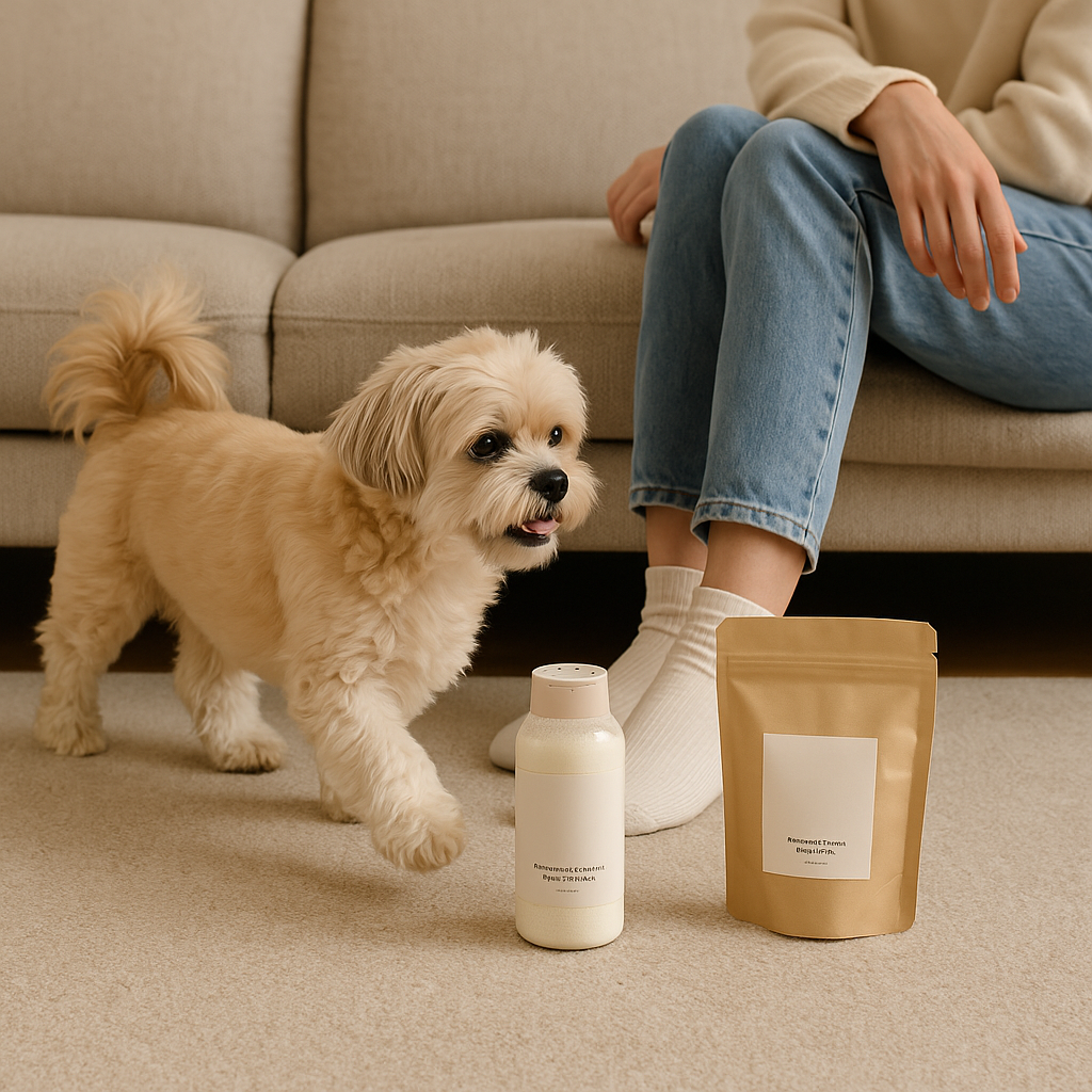 Shih Tzu walking on beige carpet beside refill pouch and bottle near owner — CocoPaw Fabric & Carpet Deodorizer Refills providing gentle, natural freshness for pet-friendly homes.