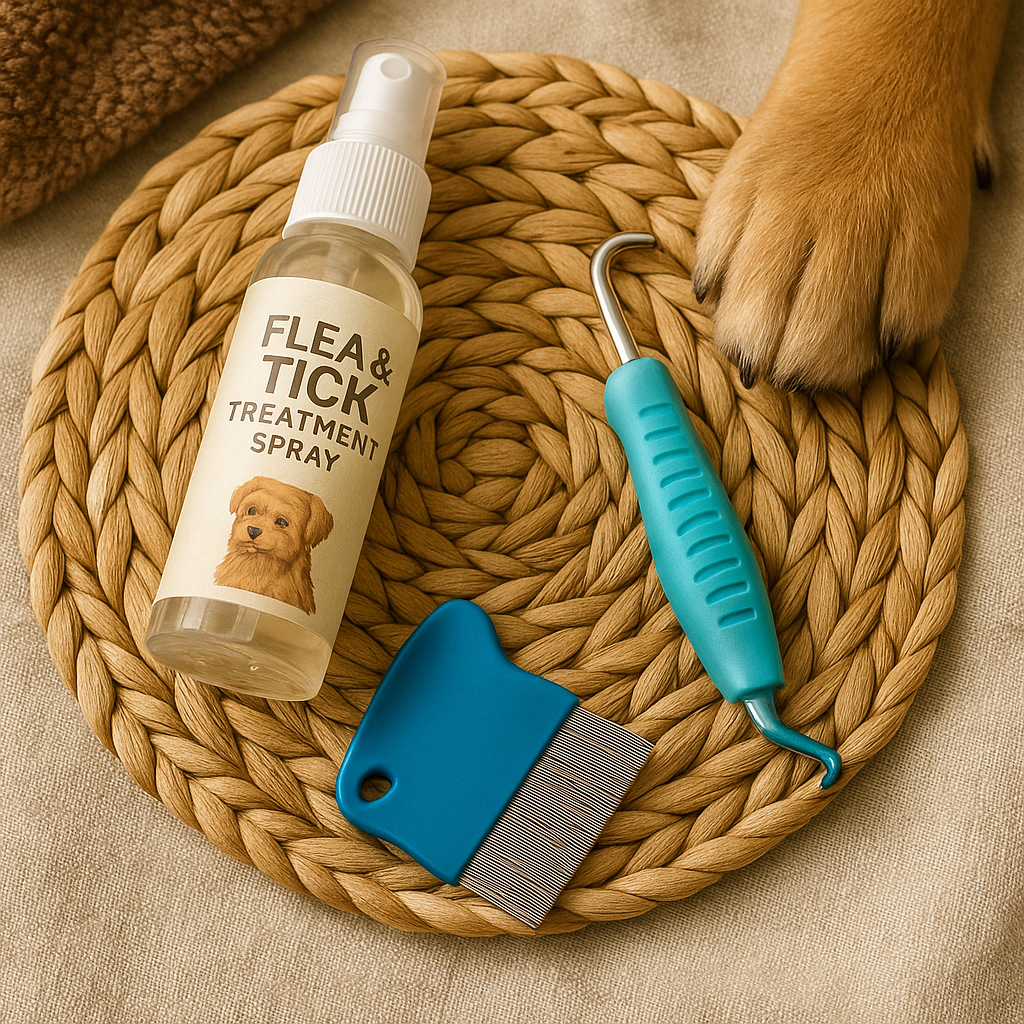 Flea and tick treatment spray, flea comb, and tick removal tool arranged in a warm lifestyle setting with a dog’s paw — CocoPaw pet care collection.