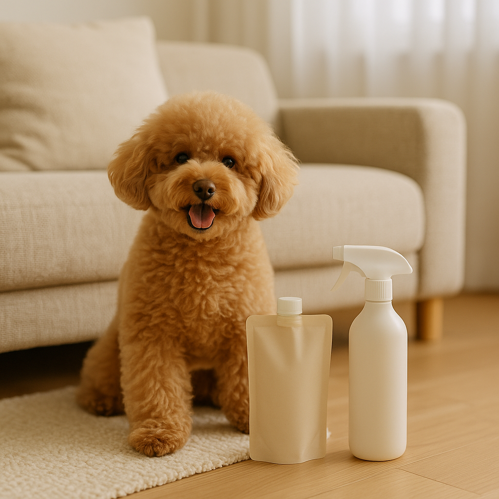 Apricot-colored toy poodle sitting on beige rug beside refill pouch and spray bottle — CocoPaw Grooming Spray Refills keeping pets fresh, soft, and eco-friendly.