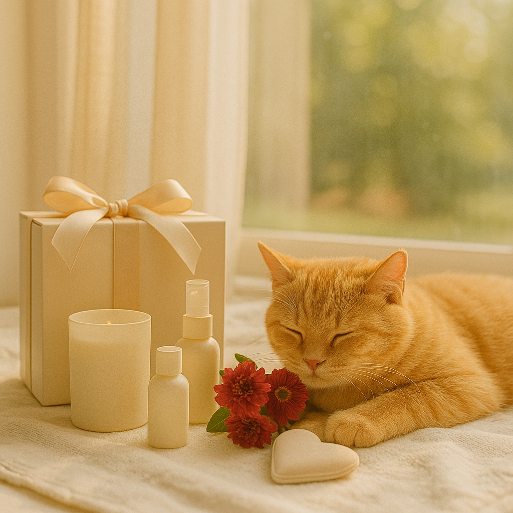 Orange tabby cat sleeping beside candle, refill bottles, and ribboned gift box — CocoPaw Holiday Refill Sets offering festive, eco-friendly care and cozy holiday warmth.