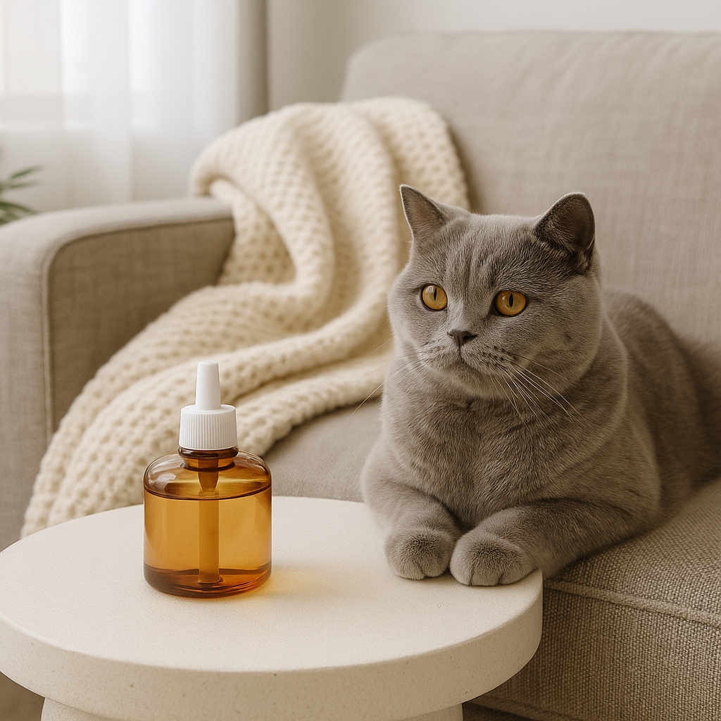 British Shorthair cat resting beside amber diffuser bottle on beige table — CocoPaw Home Air Freshener Refills offering pet-safe, soothing, and natural home freshness.