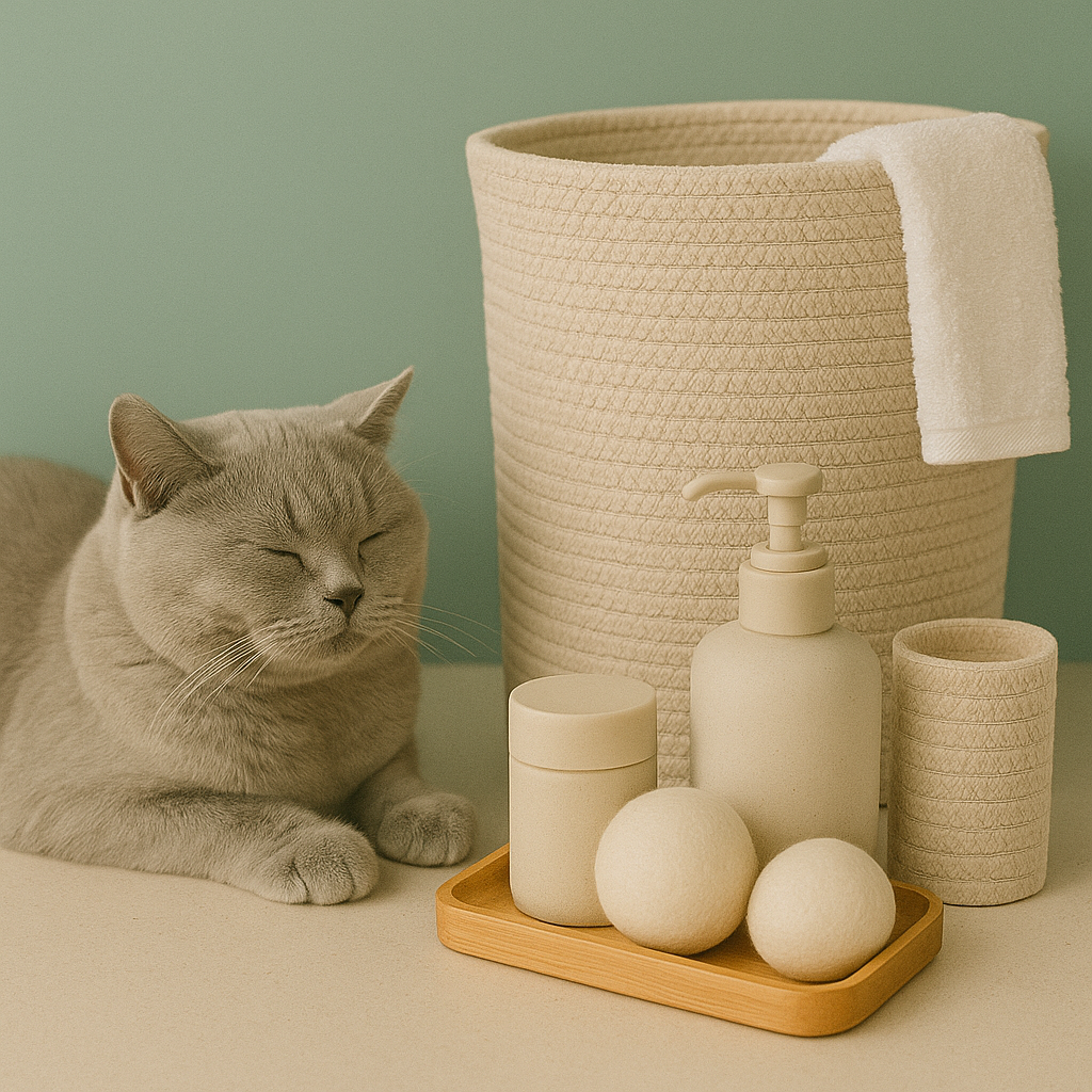 British Shorthair cat resting beside eco hamper, dryer balls, and detergent bottles — CocoPaw Laundry Accessories bringing calm, organized, and sustainable care to pet laundry spaces.
