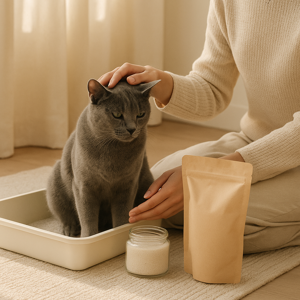 Grey cat sitting calmly in litter box beside owner and eco refill pouch — CocoPaw Litter Deodorizer Refills showing natural, clean, and pet-friendly home care.