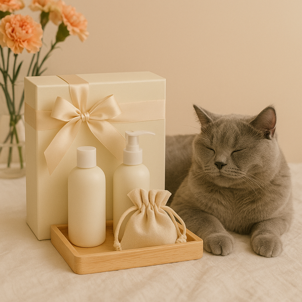 British Shorthair cat resting beside eco refill bottles and gift box with ribbon — CocoPaw Luxury Refill Gift Sets offering elegant, sustainable pet care gifts.