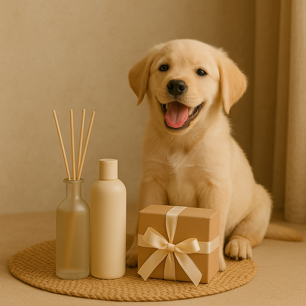 Smiling golden retriever puppy beside diffuser, gift box, and spa items — CocoPaw Mother’s Day Pet