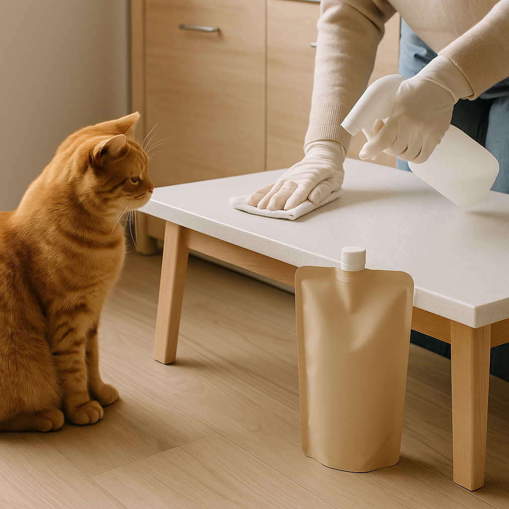 Orange tabby cat watching owner clean table with spray bottle beside beige refill pouch — CocoPaw Multi-Surface Cleaner Refills for safe, non-toxic, pet-friendly home cleaning.