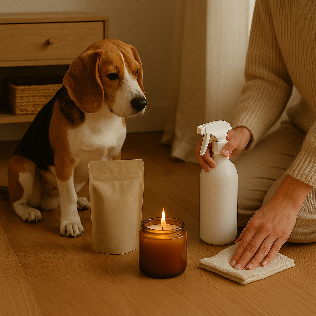 Beagle sitting beside person cleaning floor with cloth and spray bottle — CocoPaw Natural Disinfectant Refills showcasing safe, eco-friendly home hygiene for pets.