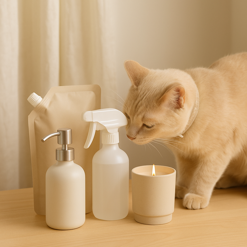 A cream-colored cat curiously sniffing CocoPaw’s new arrivals — refill pouch, spray bottle, ceramic pump bottle, and candle — arranged on a wooden table in a warm minimalist home.