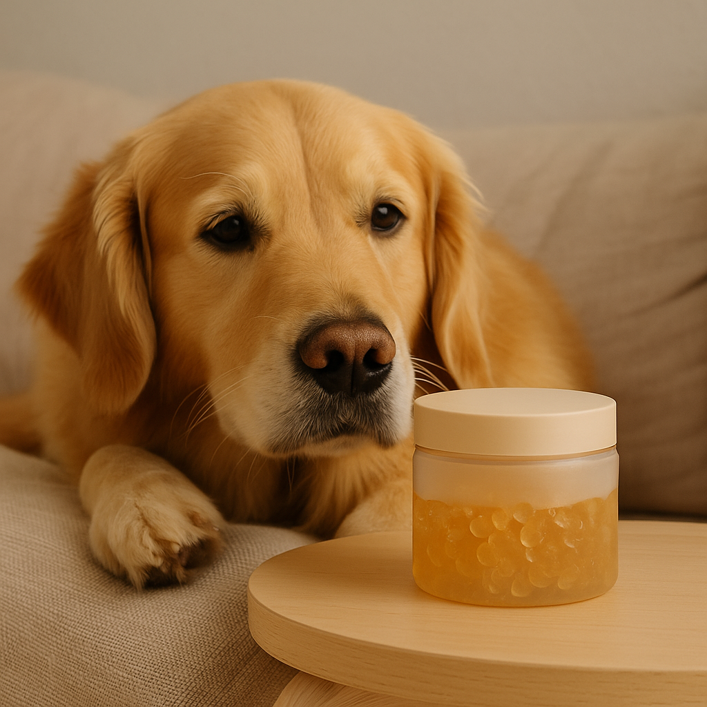 Golden retriever resting beside open jar of odor neutralizer gel on wooden table — CocoPaw Odor Neutralizer Gel Refills absorbing pet odors naturally and safely.