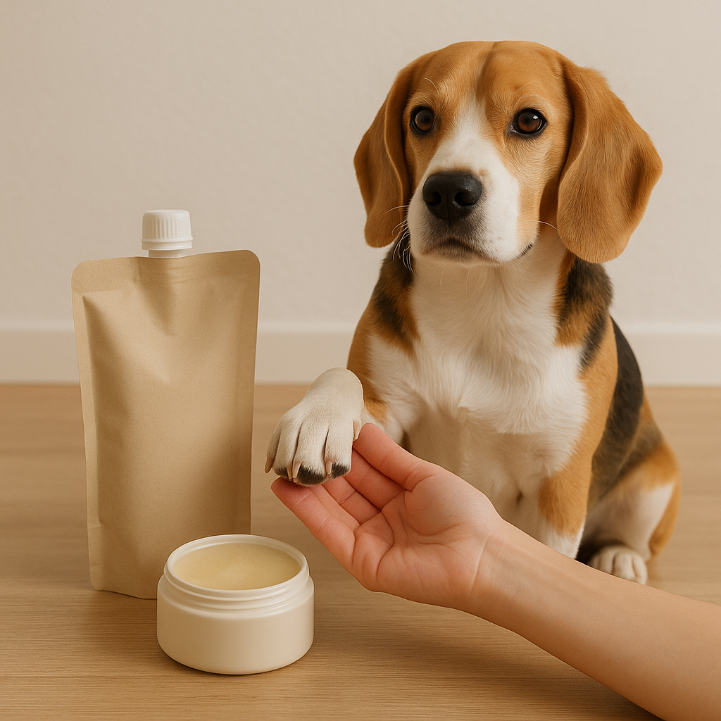 eagle sitting calmly while its paw is gently held beside an open balm jar and eco refill pouch — CocoPaw Paw Balm Refills providing soothing, natural paw care.