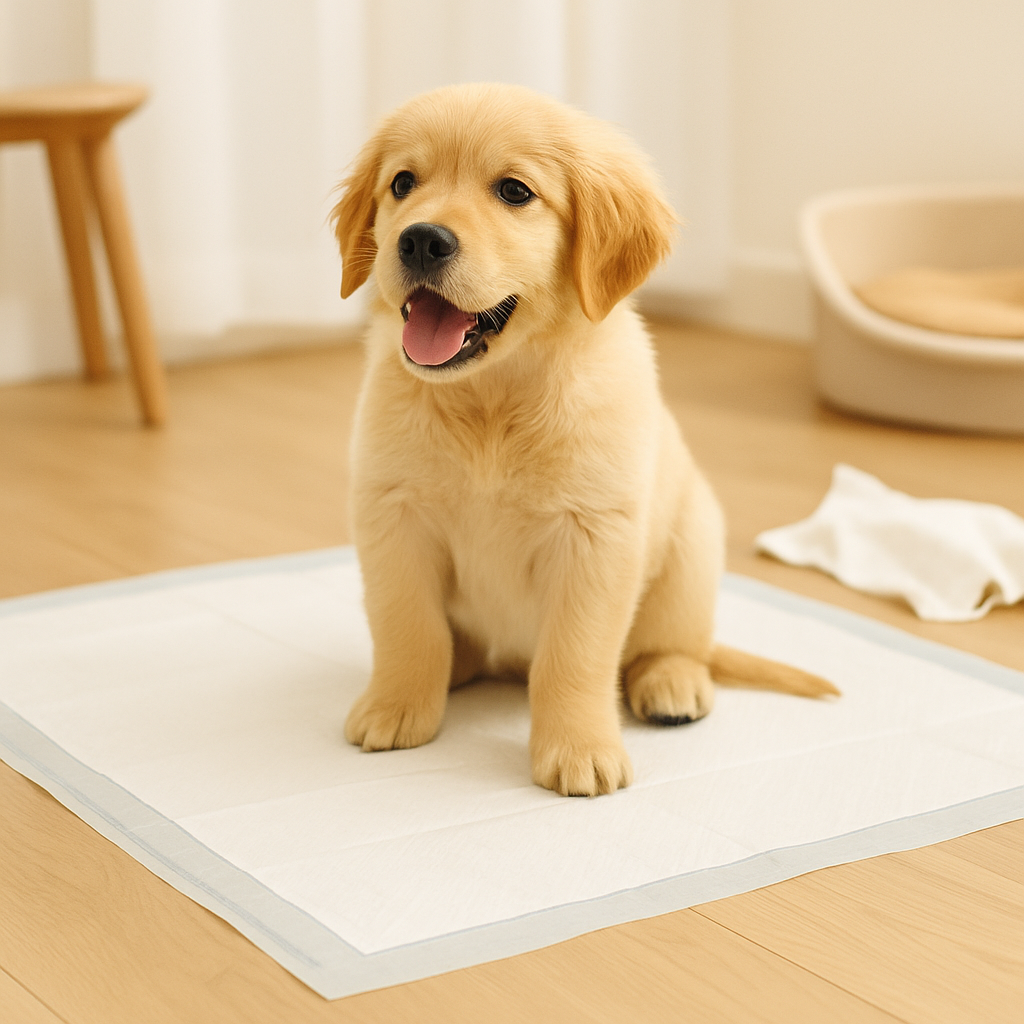 Golden retriever puppy sitting on a clean pee pad in a warm, cozy living room — CocoPaw Pee Pad Refills lifestyle image.