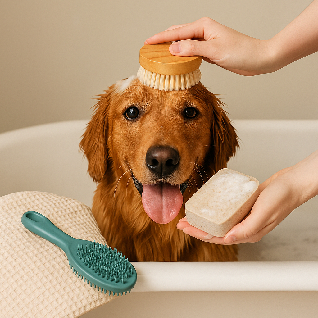 Golden retriever being gently brushed and bathed with pet grooming tools in a warm, cozy bathroom setting — CocoPaw Pet Bath Tools & Brushes collection