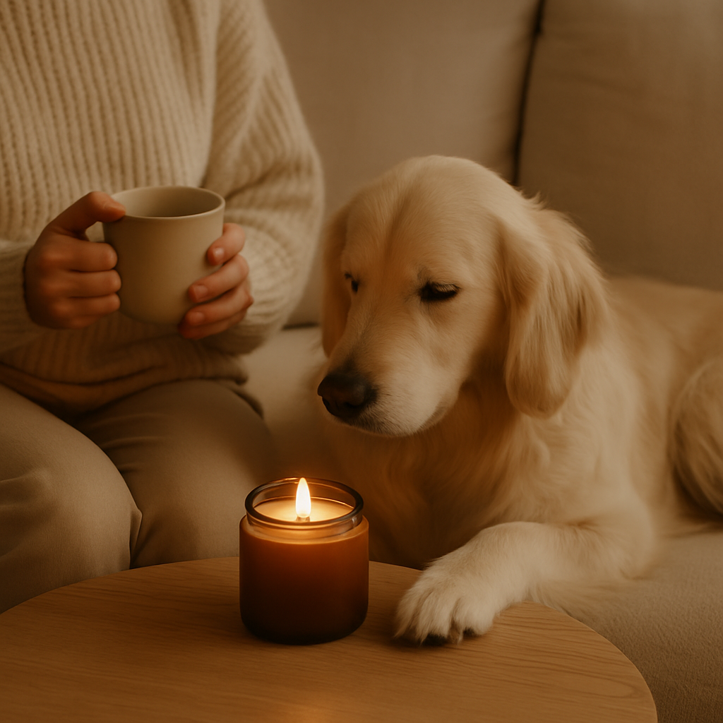 Golden retriever resting beside lit candle and person holding mug — CocoPaw Pet Candle Refills capturing calm, cozy, and pet-safe relaxation at home.