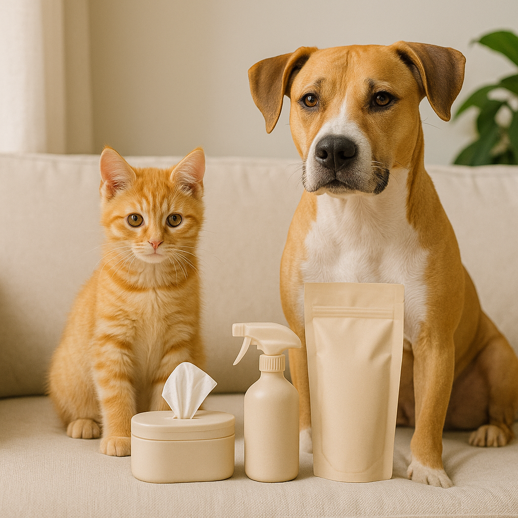 Orange tabby kitten and tan dog beside beige wipe container and refill pouch — CocoPaw Pet Deodorizing Wipes offering gentle, natural, and sustainable pet freshness.