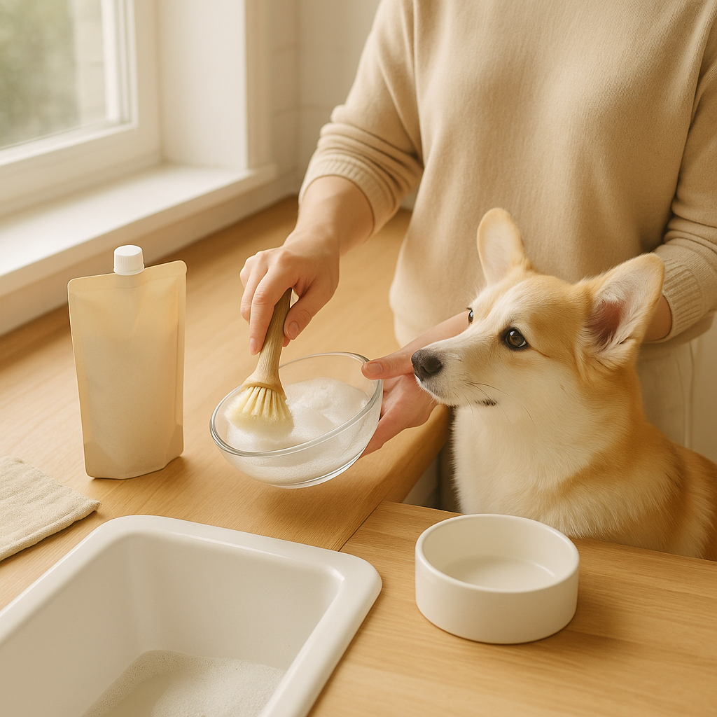 Corgi watching owner wash pet bowl with natural soap beside beige refill pouch — CocoPaw Pet Dish Soap Refills for clean, safe, and sustainable pet dining care.