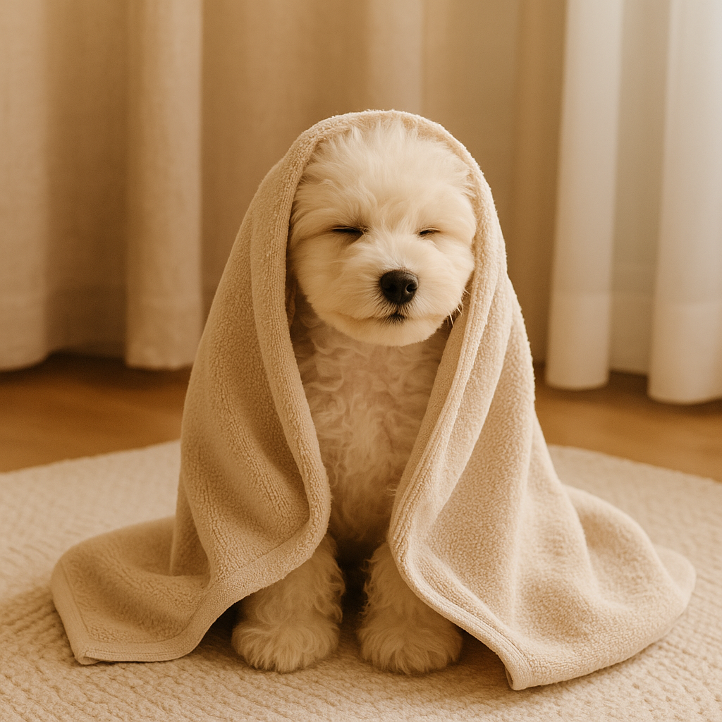 Fluffy white puppy wrapped in a beige towel after bath — CocoPaw Pet Grooming Towels offering gentle, quick-dry, and eco-friendly comfort for pets.