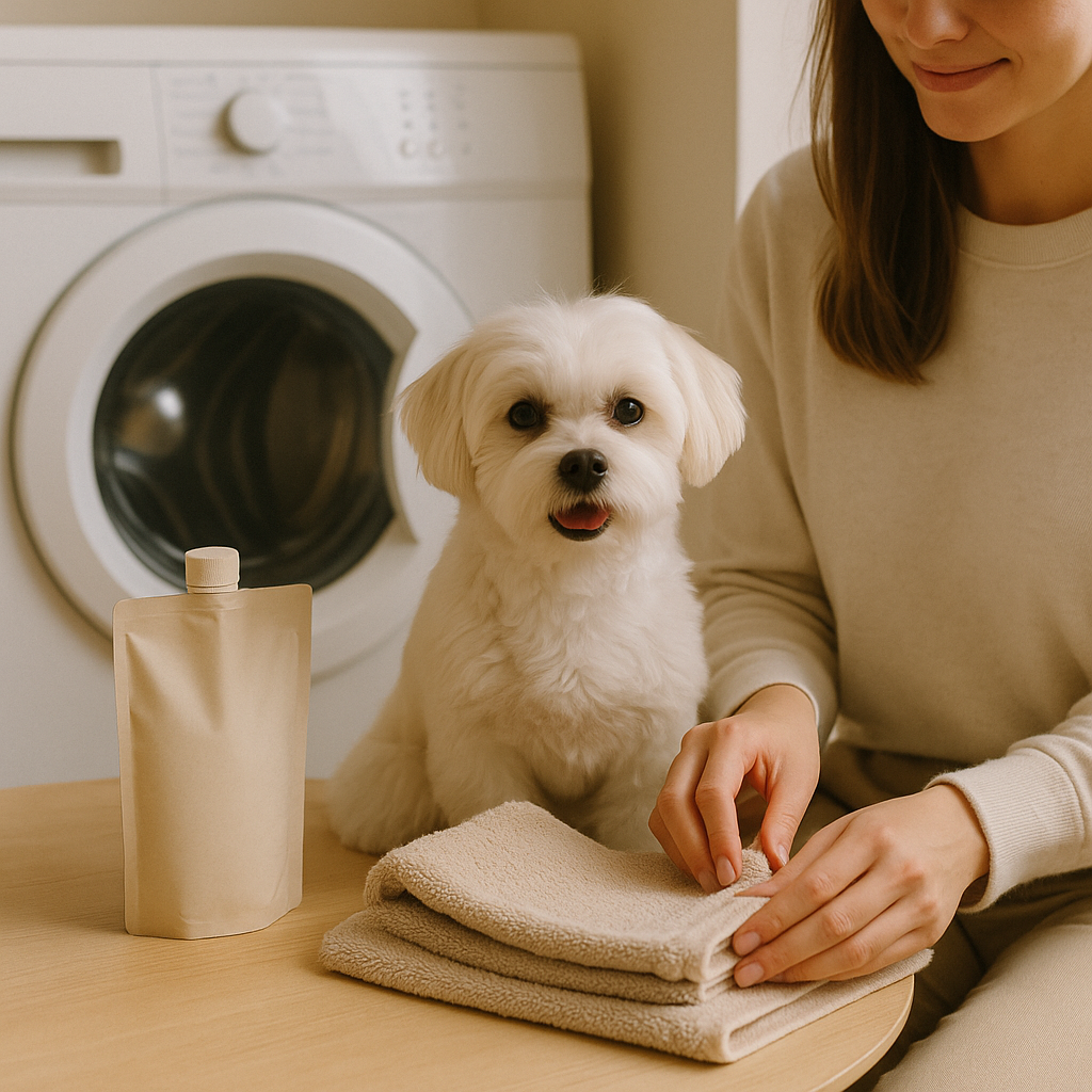 Maltese dog sitting beside folded towels and eco refill pouch in laundry room — CocoPaw Pet Laundry Detergent Refills showing gentle, natural, and pet-safe freshness after wash.