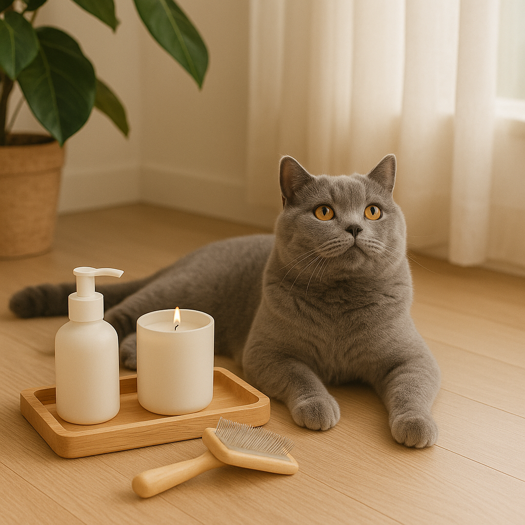 British Shorthair cat resting beside wooden tray with candle and brush — CocoPaw Pet Room Decor & Trays blending cozy pet care and modern home design.