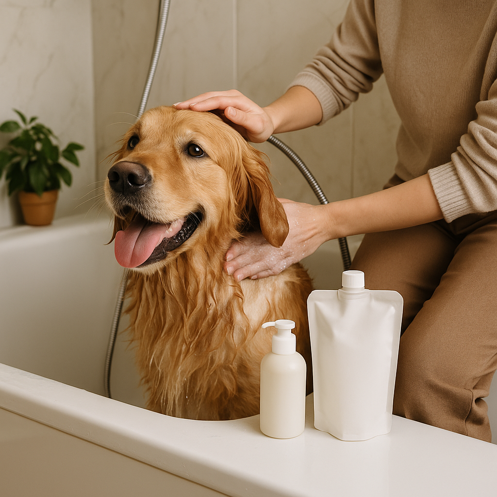 Golden retriever getting a bath beside eco refill pouch and shampoo bottle — CocoPaw Pet Shampoo Refills keeping pets clean, soft, and naturally cared for.