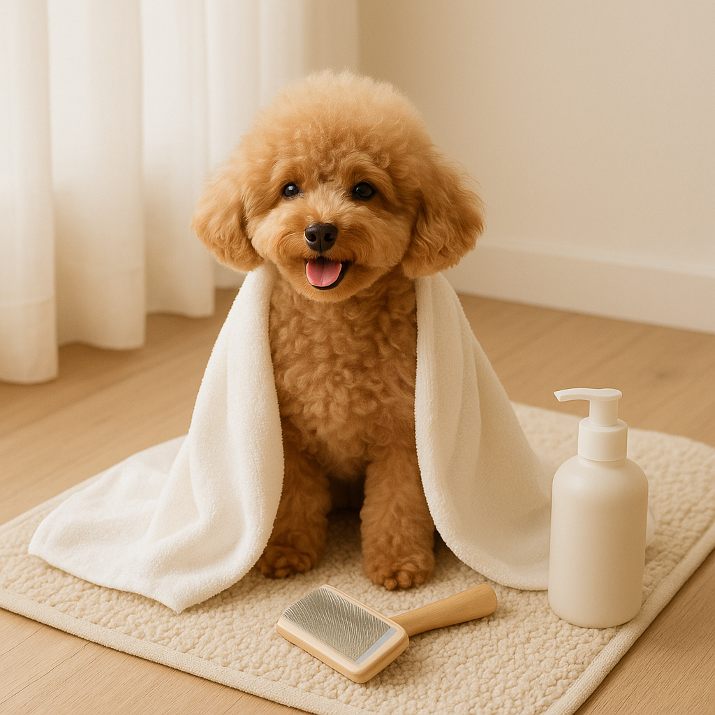 Fluffy poodle sitting on beige spa mat with towel, brush, and pump bottle — CocoPaw Pet Spa Mat & Accessories creating a calm, clean, and cozy grooming space.