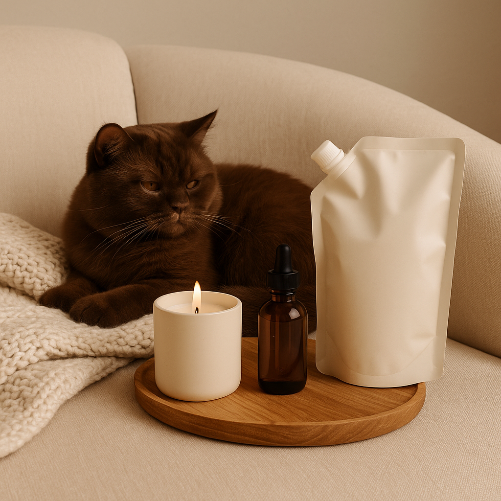 Fluffy chocolate cat resting beside candle, oil bottle, and refill pouch — CocoPaw Pet Spa Scent Sets offering calm, cozy, and pet-safe aromatherapy at home.