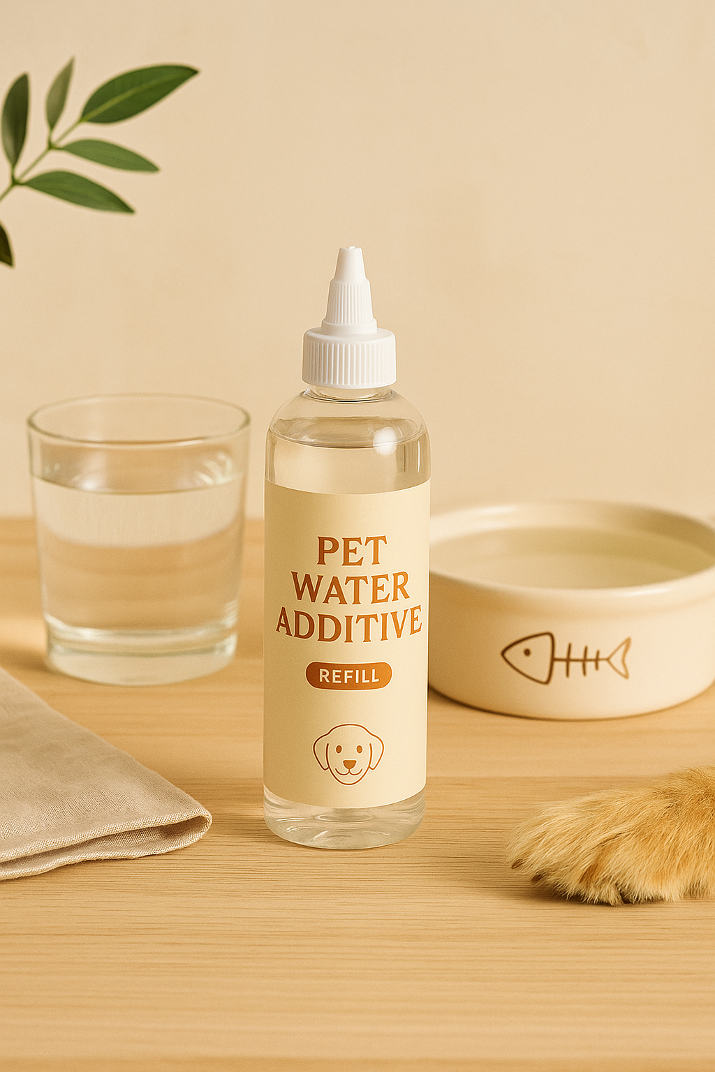 Pet water additive refill bottle placed beside a glass of water and ceramic pet bowl in a clean, warm lifestyle setting — CocoPaw pet wellness collection