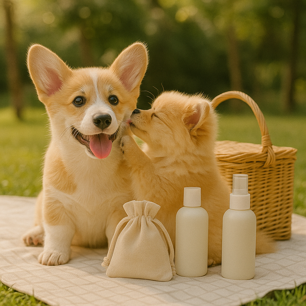 Playful corgi and pomeranian on picnic blanket with refill bottles and pouch — CocoPaw Refill Travel Kits for stylish, eco-conscious pet care on the go.