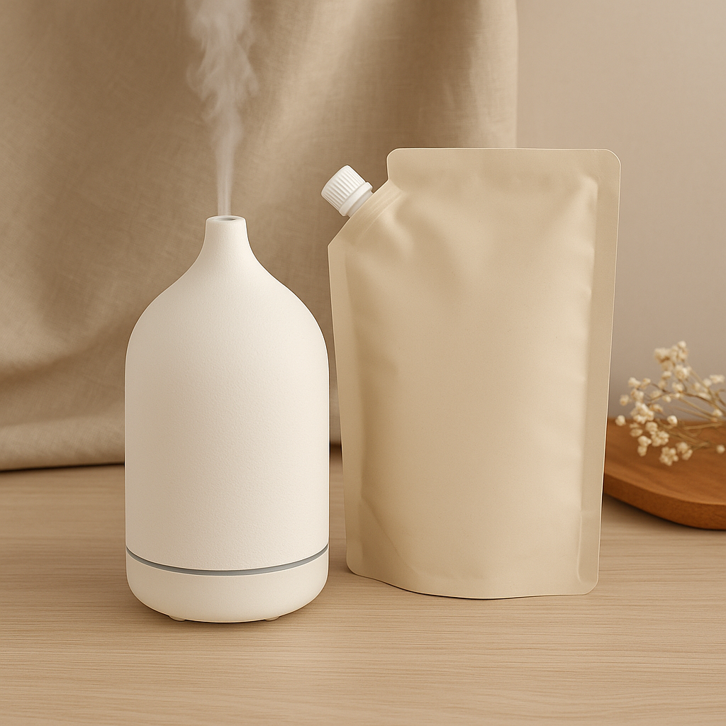 White ceramic diffuser emitting mist beside eco refill pouch on wooden table — CocoPaw Refillable Ceramic Diffusers blending elegance, sustainability, and natural wellness.