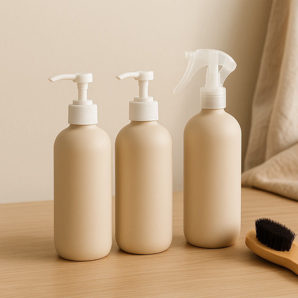 Three beige refillable grooming bottles with pump and spray tops on a wooden shelf — CocoPaw Refillable Grooming Bottles for sustainable pet shampoo and conditioner storage.