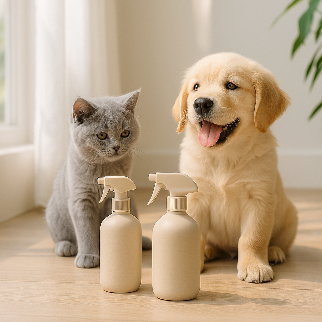 British Shorthair kitten and Golden Retriever puppy beside beige refill spray bottles — CocoPaw Refillable Spray Bottles for stylish, sustainable, and pet-safe home cleaning.