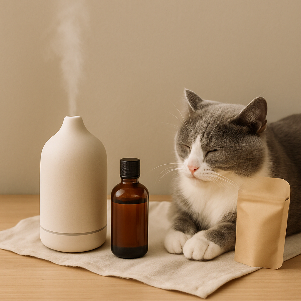 Grey and white cat resting beside diffuser, amber oil bottle, and refill pouch — CocoPaw Relaxing Essential Oil Blends in a square, cozy, and pet-safe aromatherapy scene.